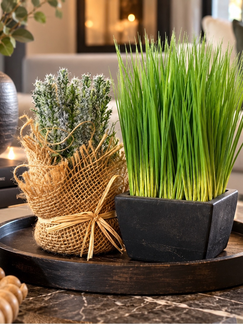 Lot of 2 Artificial Greenery Plants – Black Planter & Rustic Burlap Wrapped